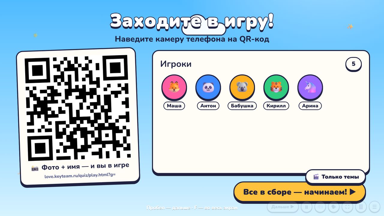 Экран квиза с QR-кодом для входа и списком игроков