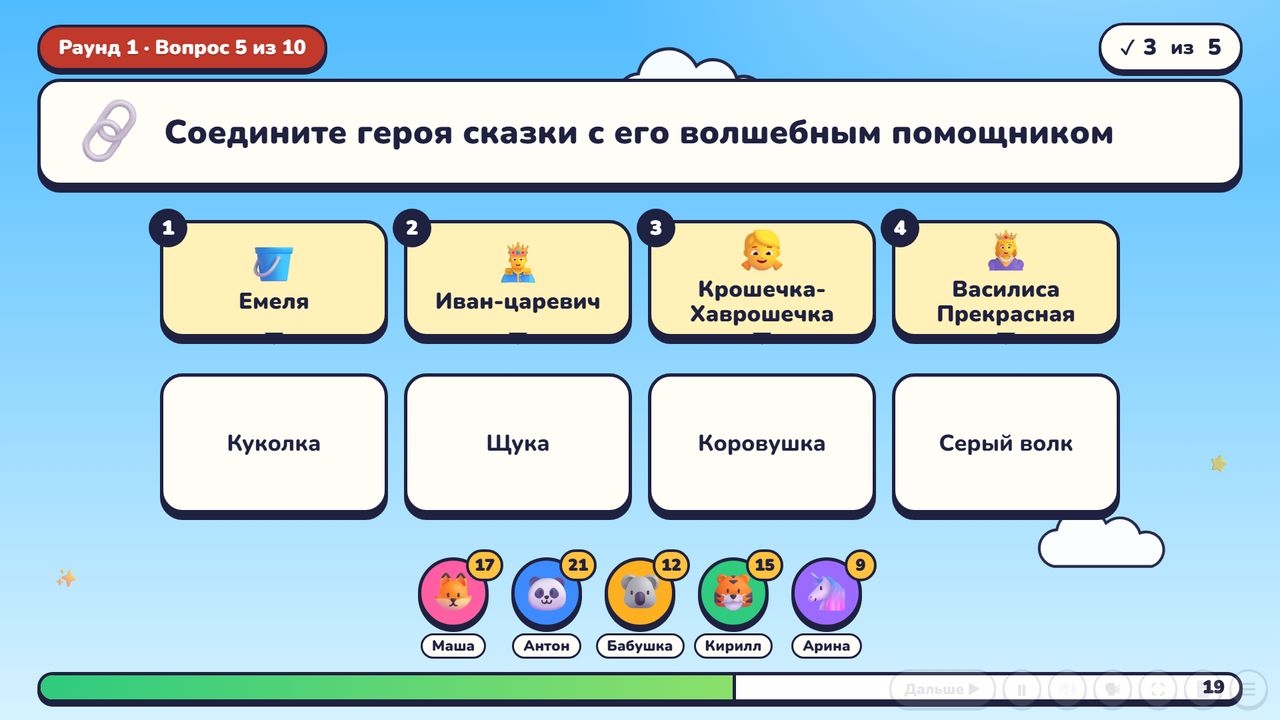 Вопрос «Соедините героя сказки с волшебным помощником»