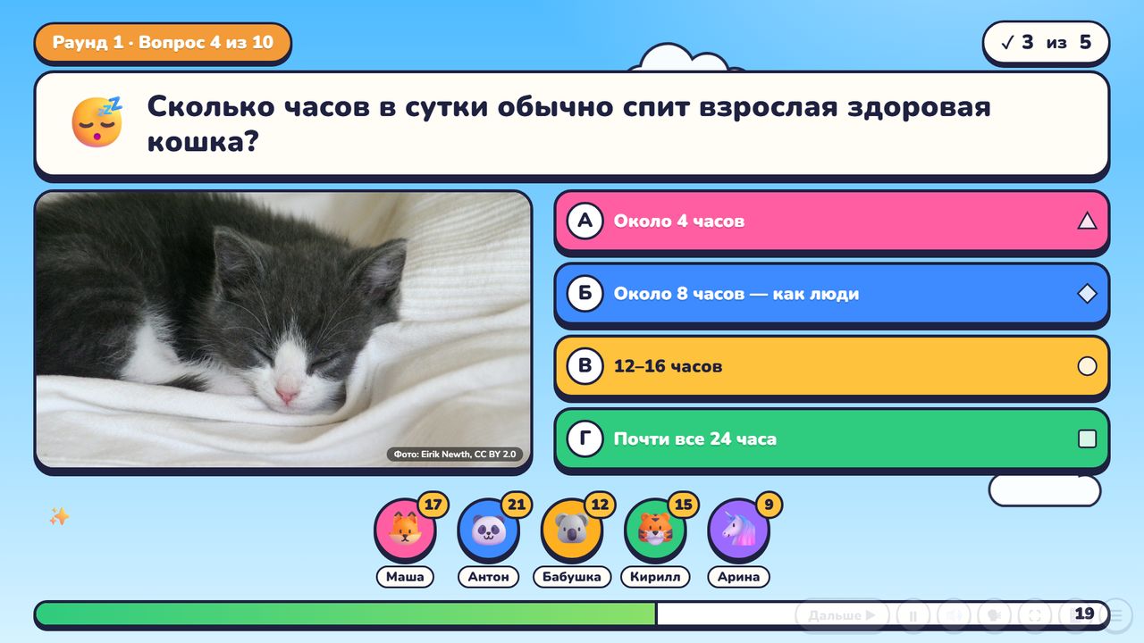 Вопрос квиза на экране телевизора: картинка, четыре варианта ответа и игроки внизу