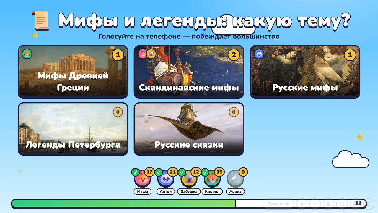 Голосование за тему раунда на экране